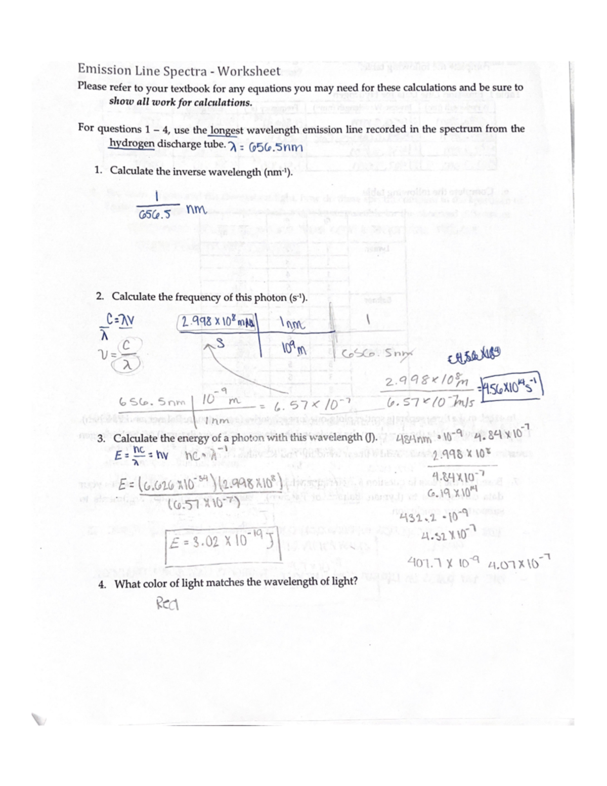 Emission Line Spectra Worksheet CHEM 130 University of Kansas