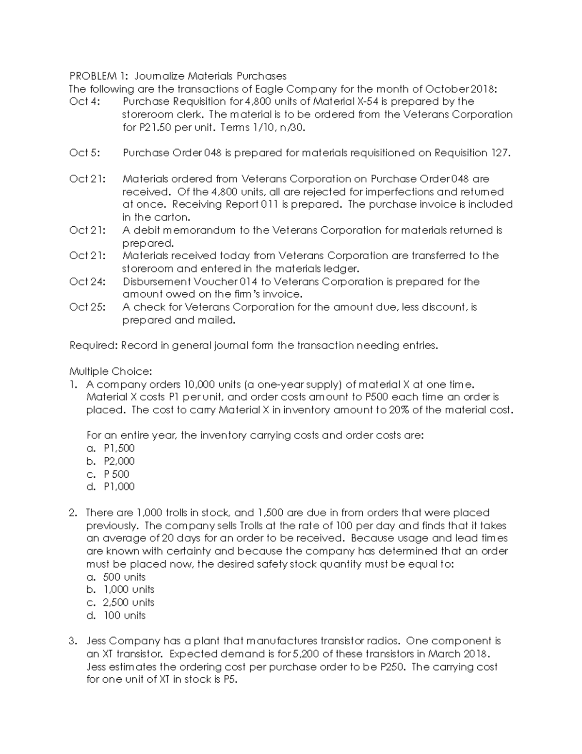 Cost Accounting and Control: Materials Exercises - PROBLEM 1 ...