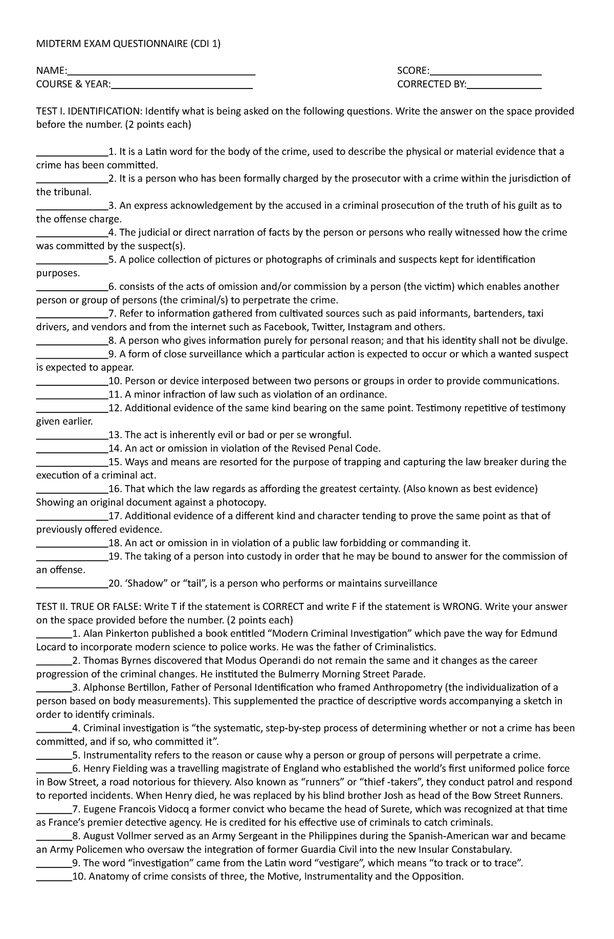 Crime Detection and Investigation 1 EXAM - MIDTERM EXAM QUESTIONNAIRE ...