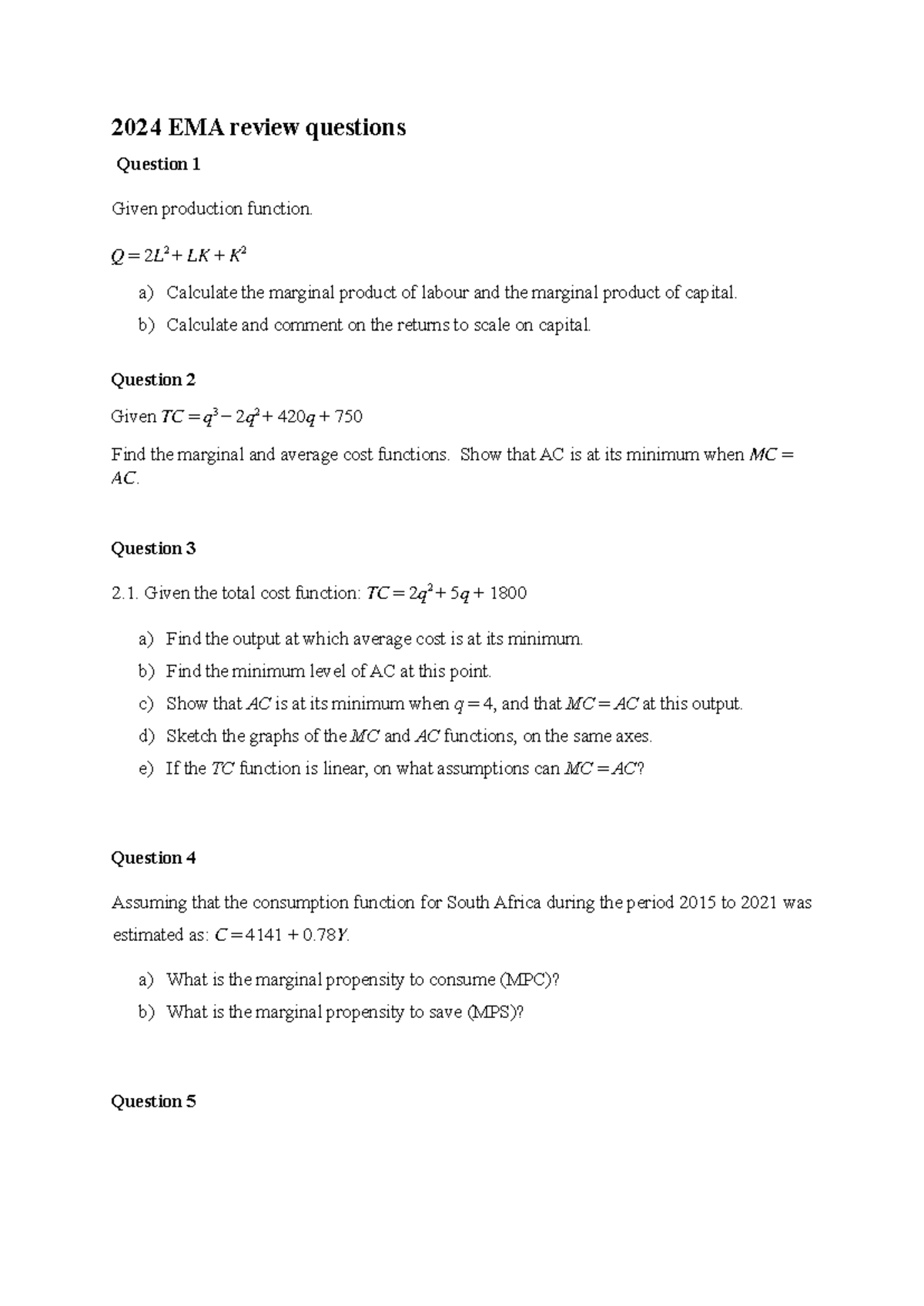 Review questions eco212 2024 Ema - 2024 EMA review questions Question 1 ...