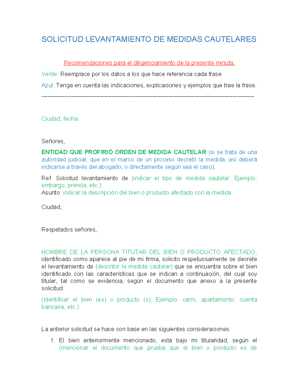 Levantamiento De Medidas Cautelares - Civil - SOLICITUD LEVANTAMIENTO ...