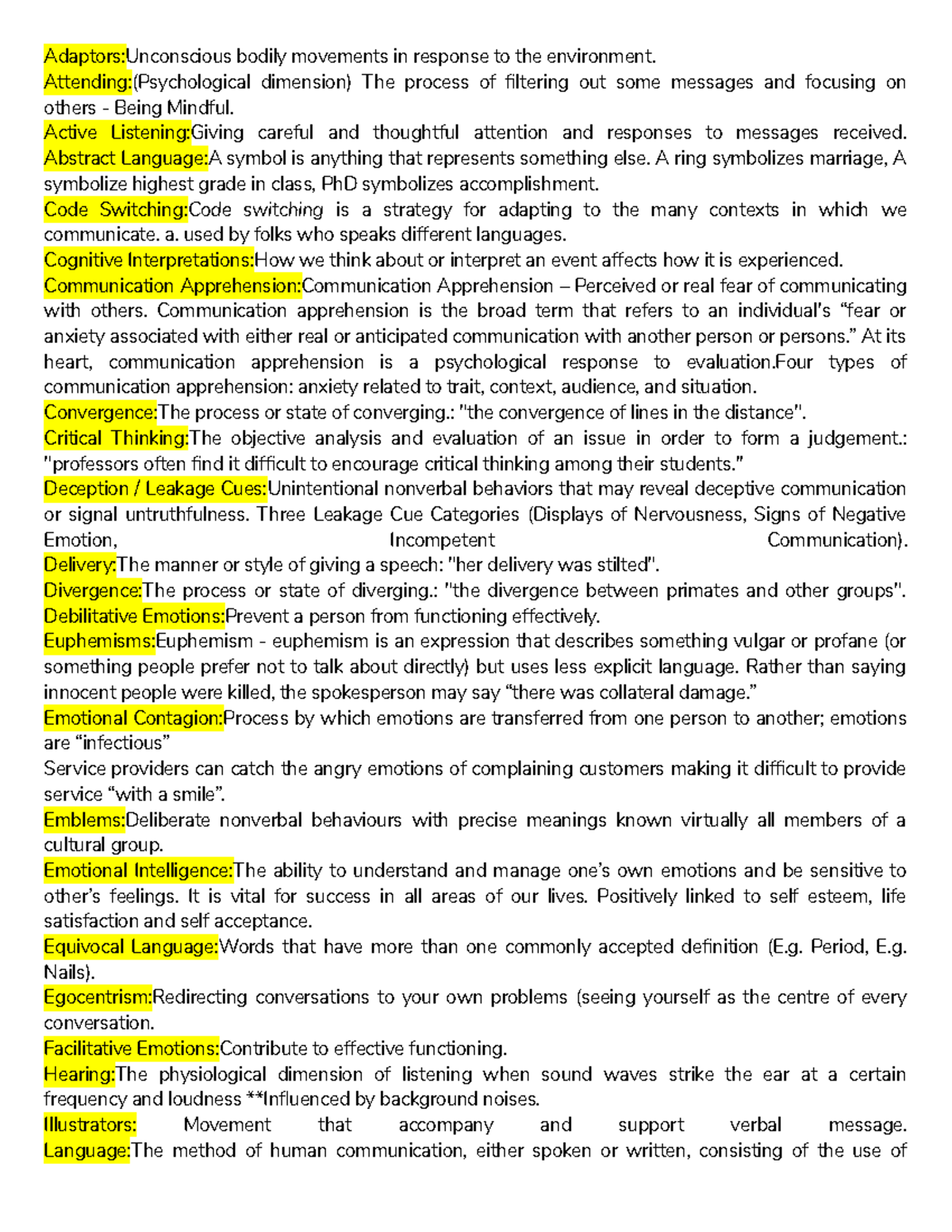 INTERPERSONAL SKILLS KEY TERMS FINAL EXAM REVIEW AdaptorsUnconscious