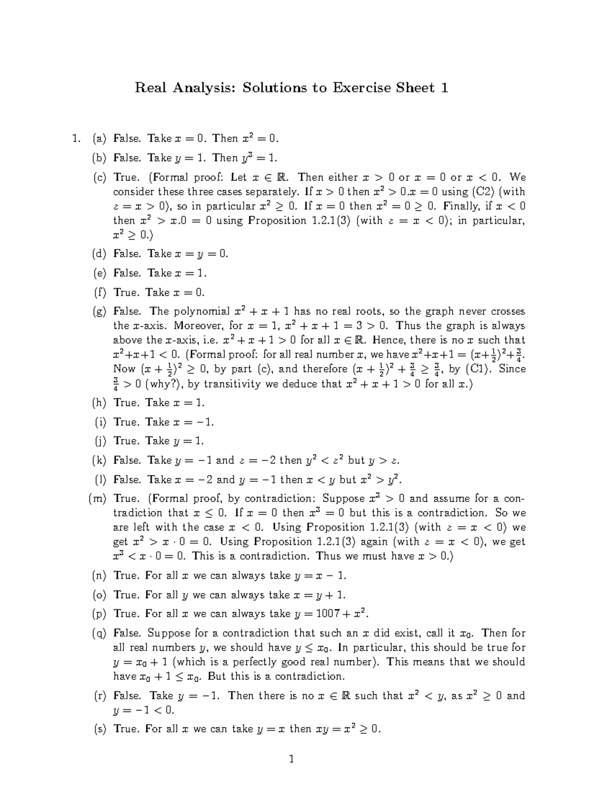 Exercise 1sol solution Real Analysis Solutions to Exercise Sheet 1