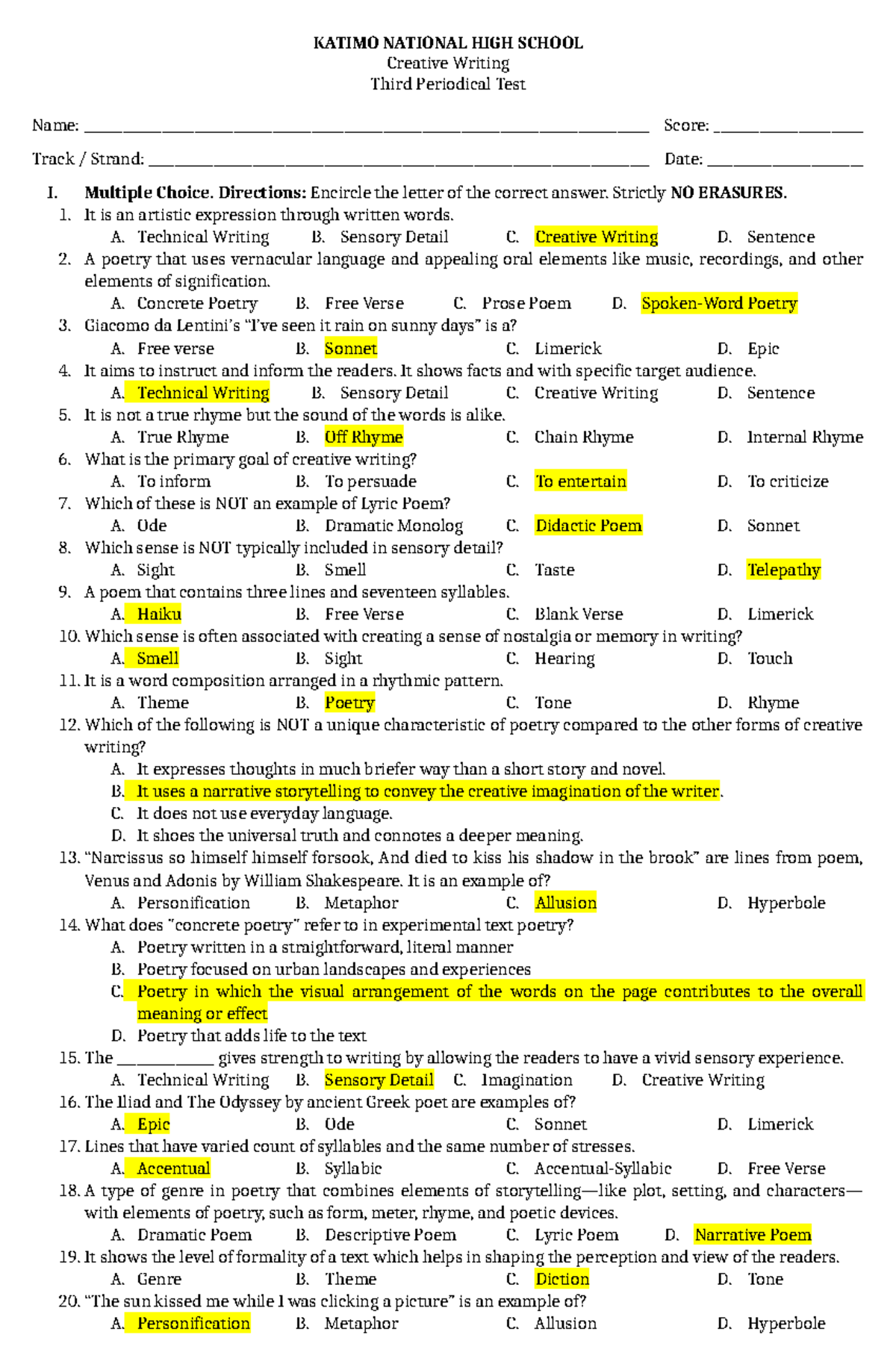 creative writing periodical test