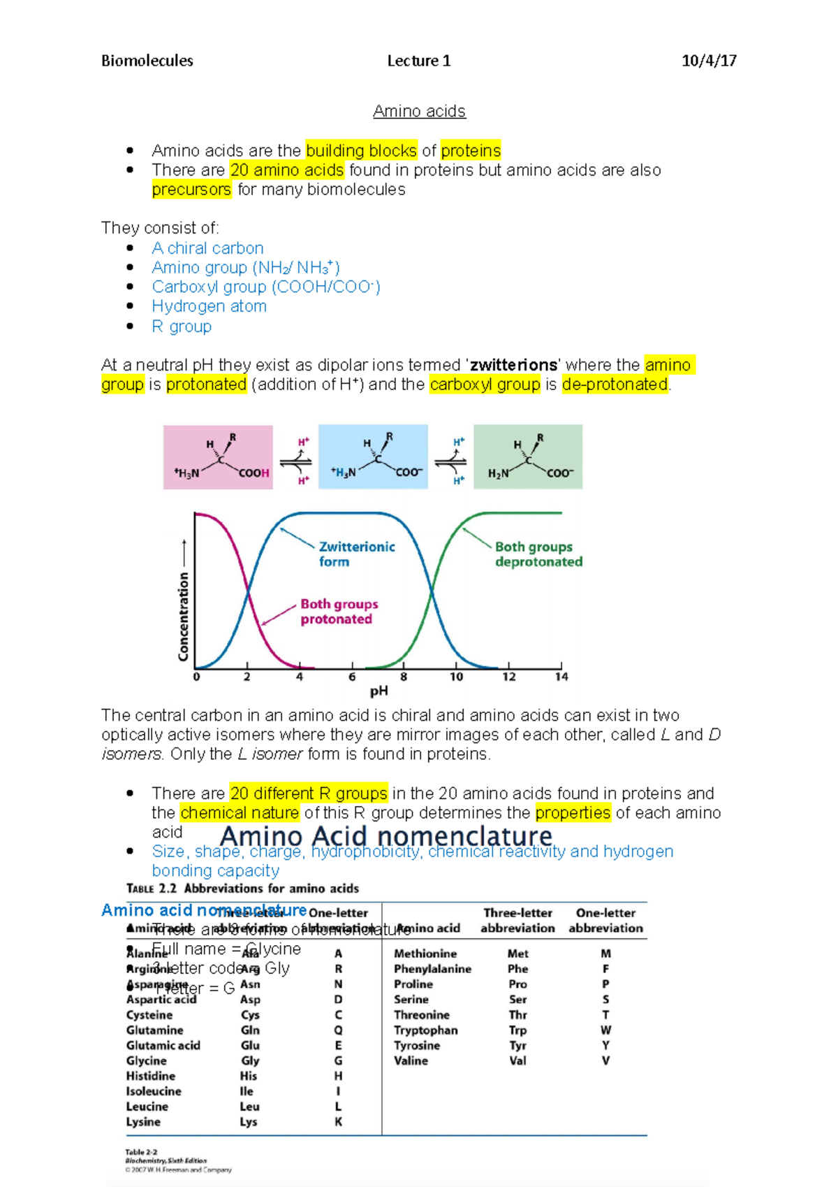 Amino Acids - Lecture Notes 10 - Biomolecules Lecture 1 10/4/17 Amino ...