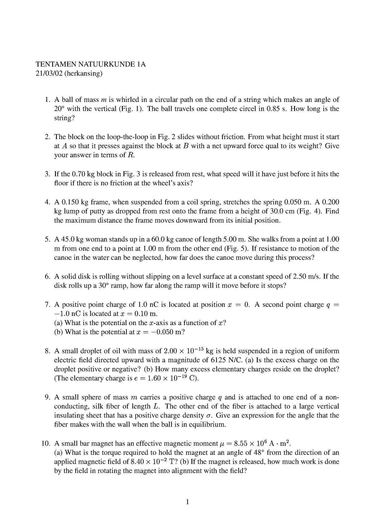 Exam In March 02 With Answers Tentamen Natuurkunde 1a 21 03 02 Herkansing 1 A Ball Of Massmis Studeersnel