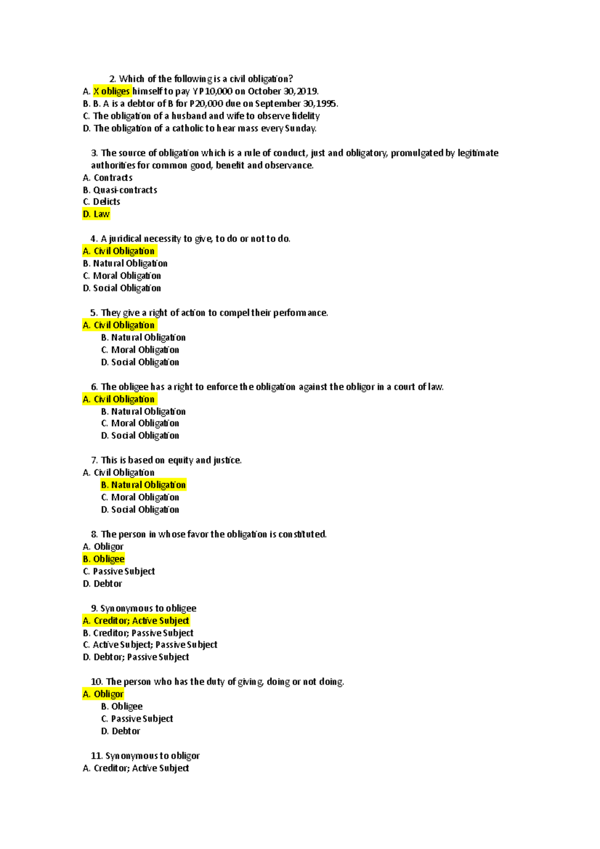 Laws On Obligations And COntracts Quiz- AY 2021-2022 - Which Of The ...