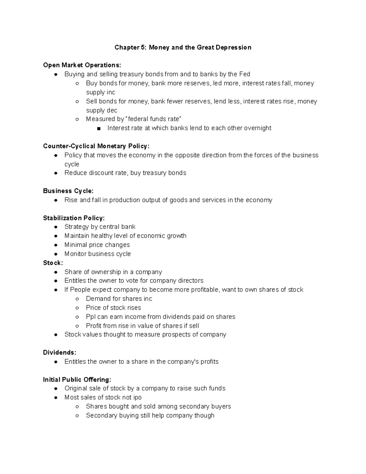 Econ Notes Ch 5 - Chapter 5: Money and the Great Depression Open Market ...
