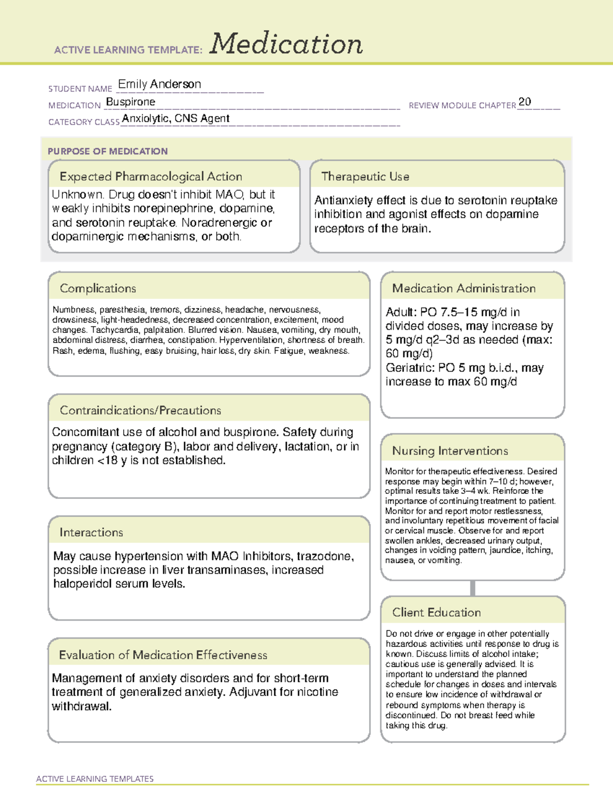 Buspirone ati med sheet ACTIVE LEARNING TEMPLATES Medication