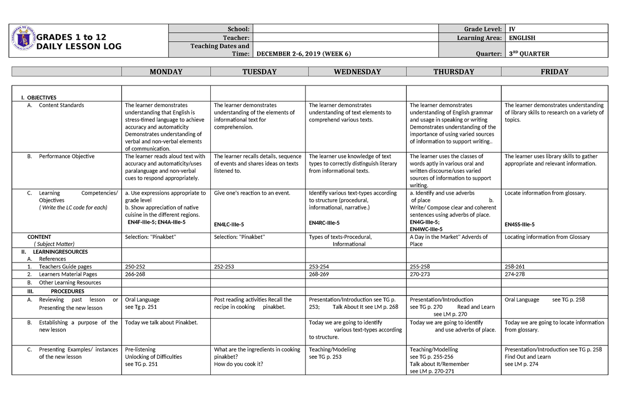 DLL English 4 Q3 W6 - It Is About Daily Lesson Log For Learners ...