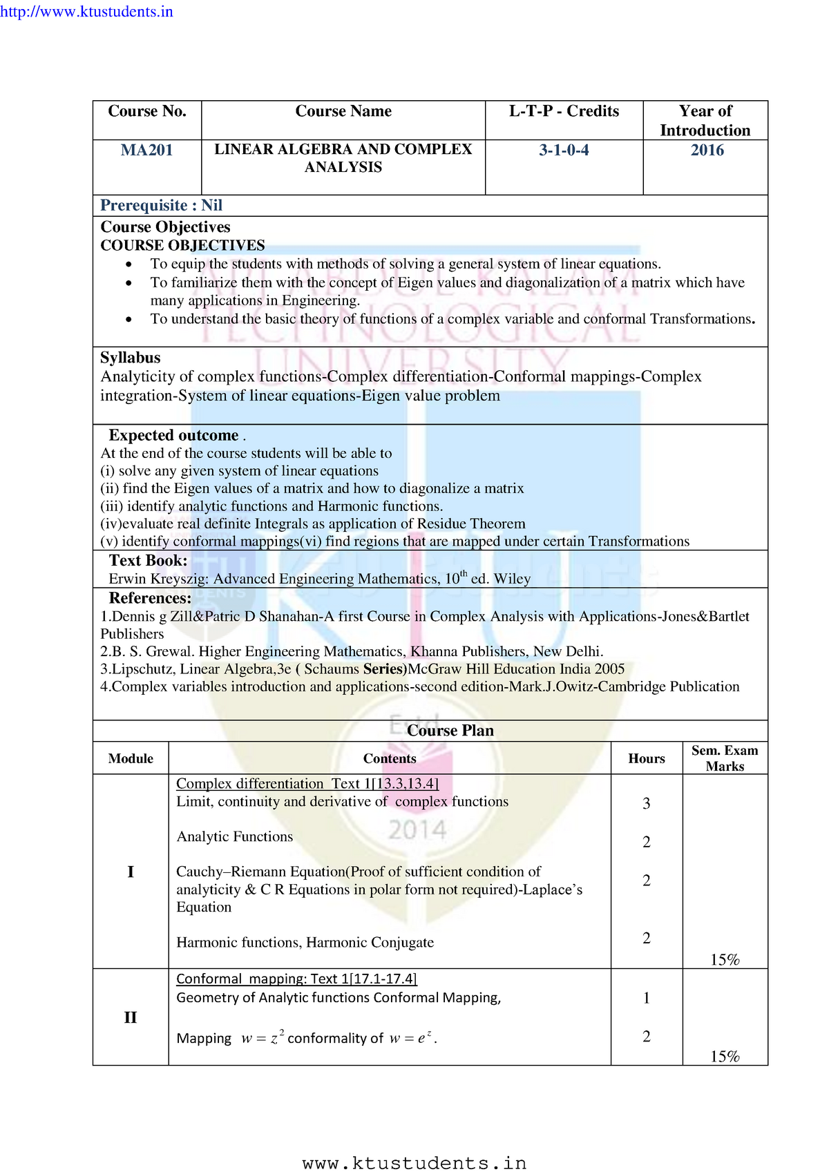 MA201 Linear Algebra and complex analysis - Course No. Course Name L-T ...