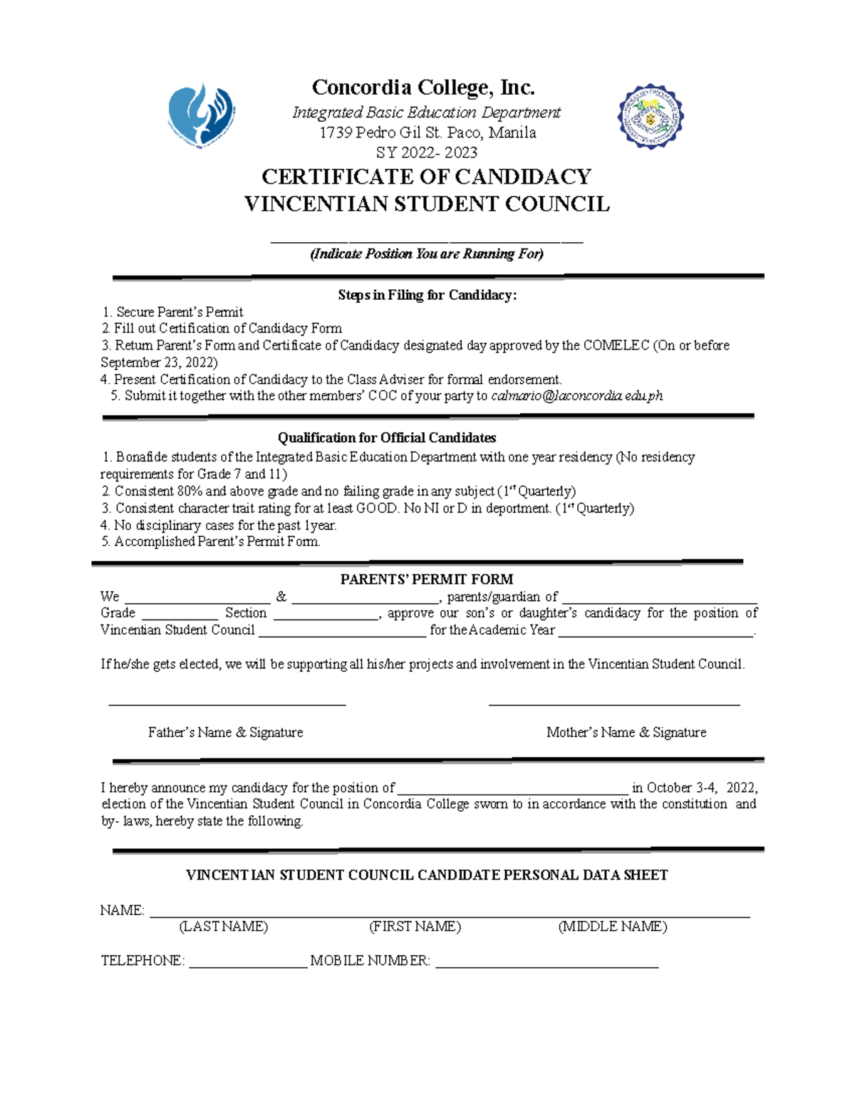 Certificate of Candidacy 20222023 Concordia College, Inc. Integrated
