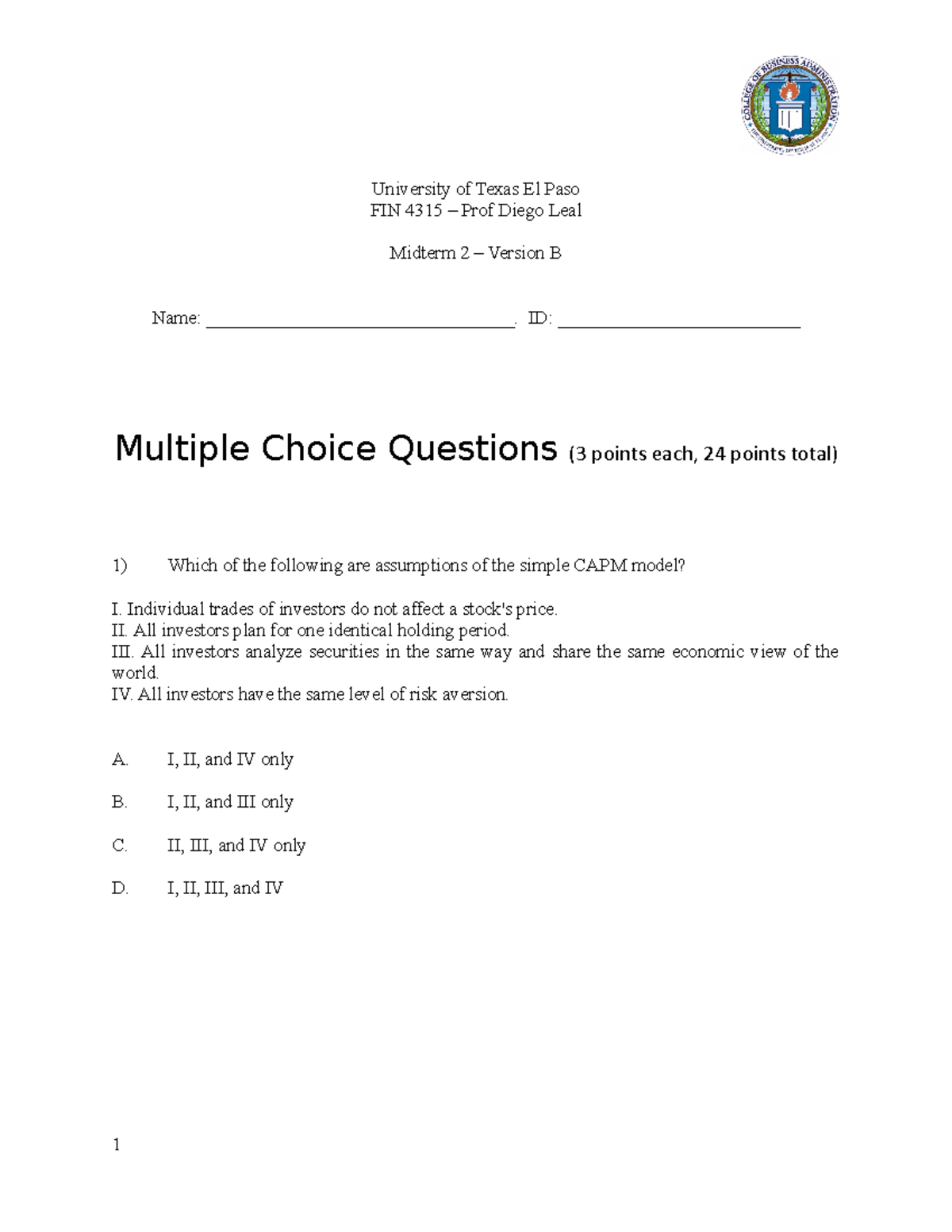 Midterm 2 Version B Nosol - University Of Texas El Paso FIN 4315 – Prof ...