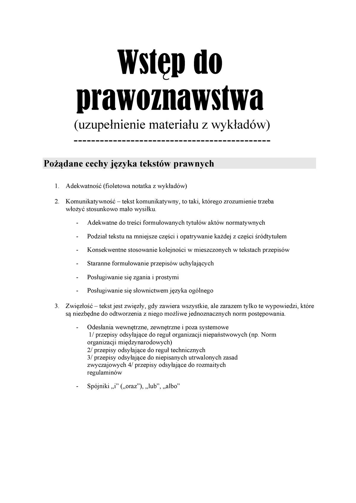 WDP - Uzupełnienie - Notatki Z Wykładu 2 - Wstep Do Prawoznawstwa ...