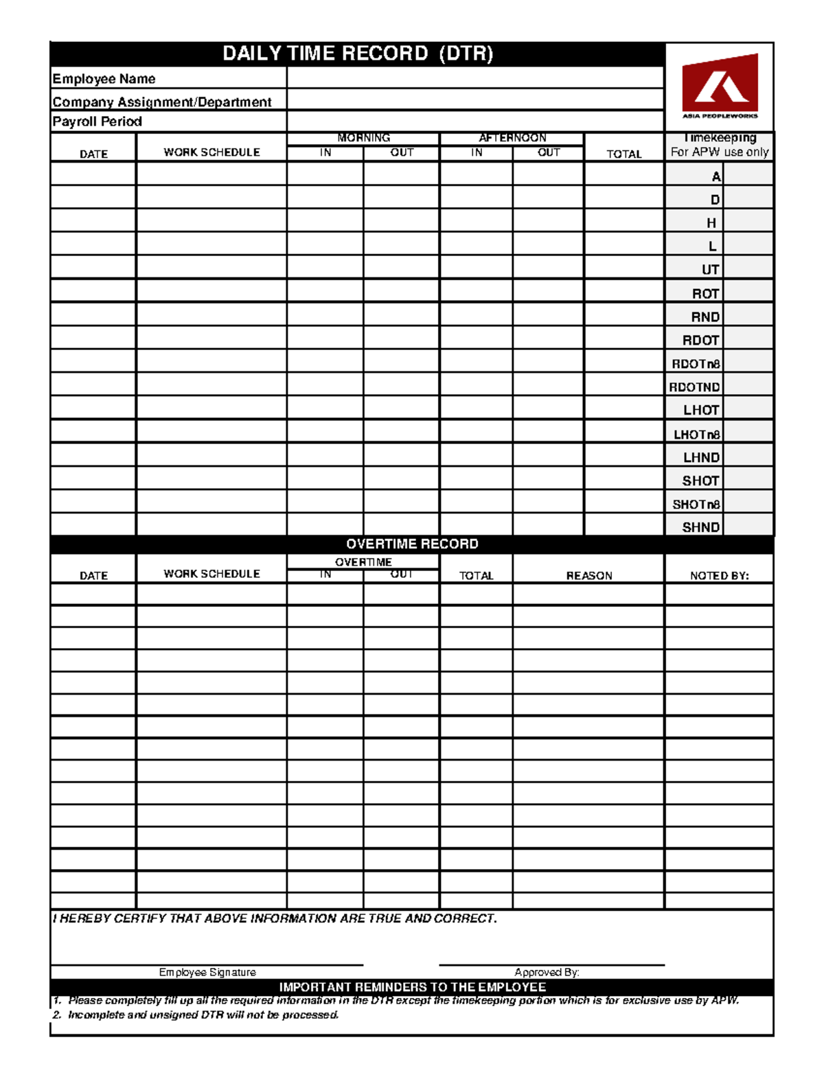 APW DTR NEW - n/a - Employee Name Company Assignment/Department Payroll ...