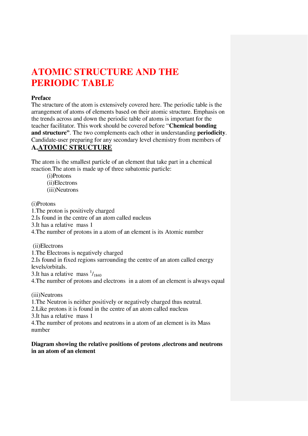 KCSE FORM 2 Chemistry Notes - ATOMIC STRUCTURE AND THE PERIODIC TABLE ...