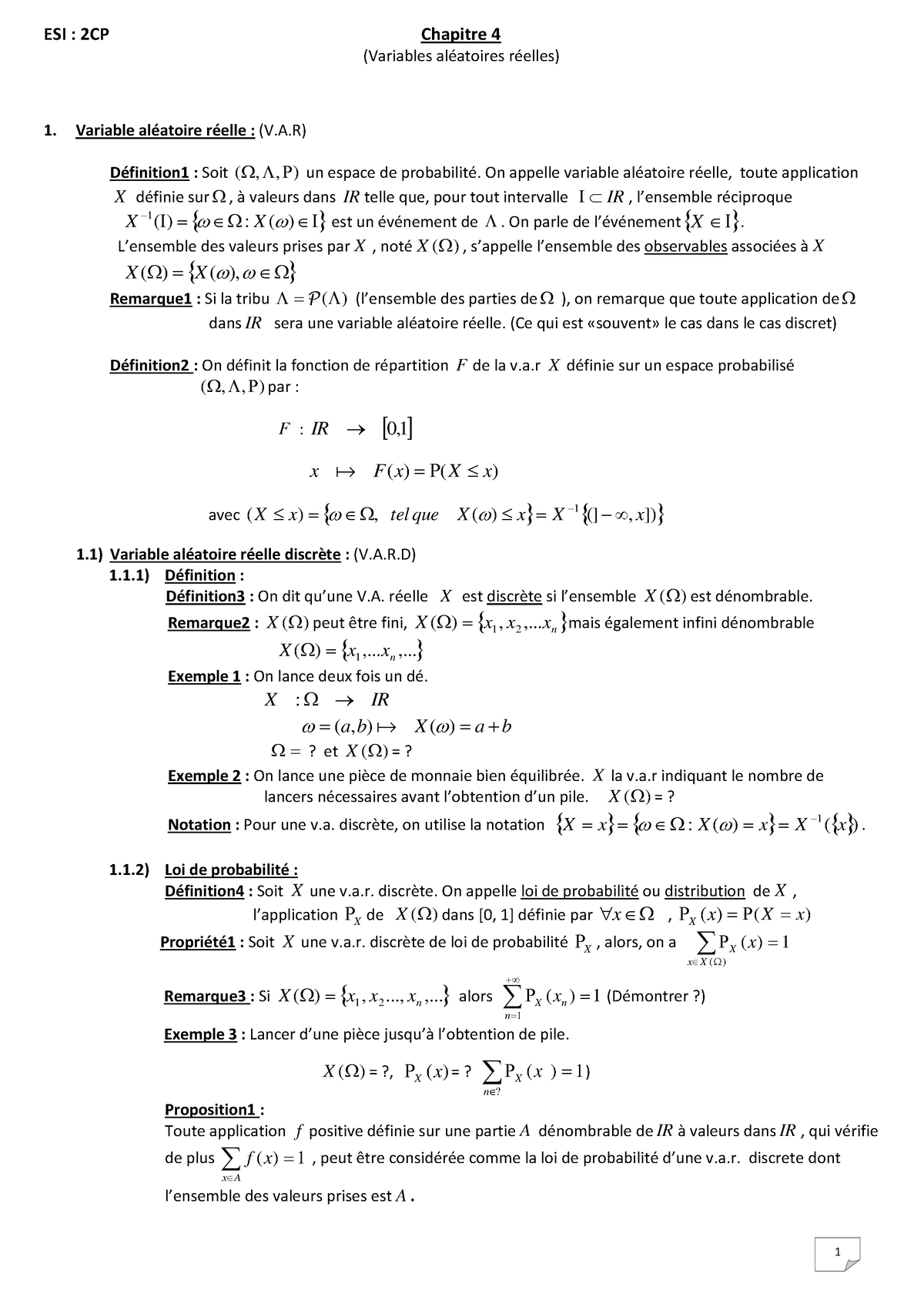 CH4 - Probabilities Functions - ESI : 2CP Chapitre 4 (Variables ...