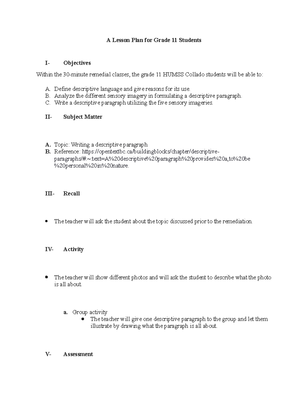 A Lesson Plan for Grade 11 Collado ( Humss) - A Lesson Plan for Grade ...