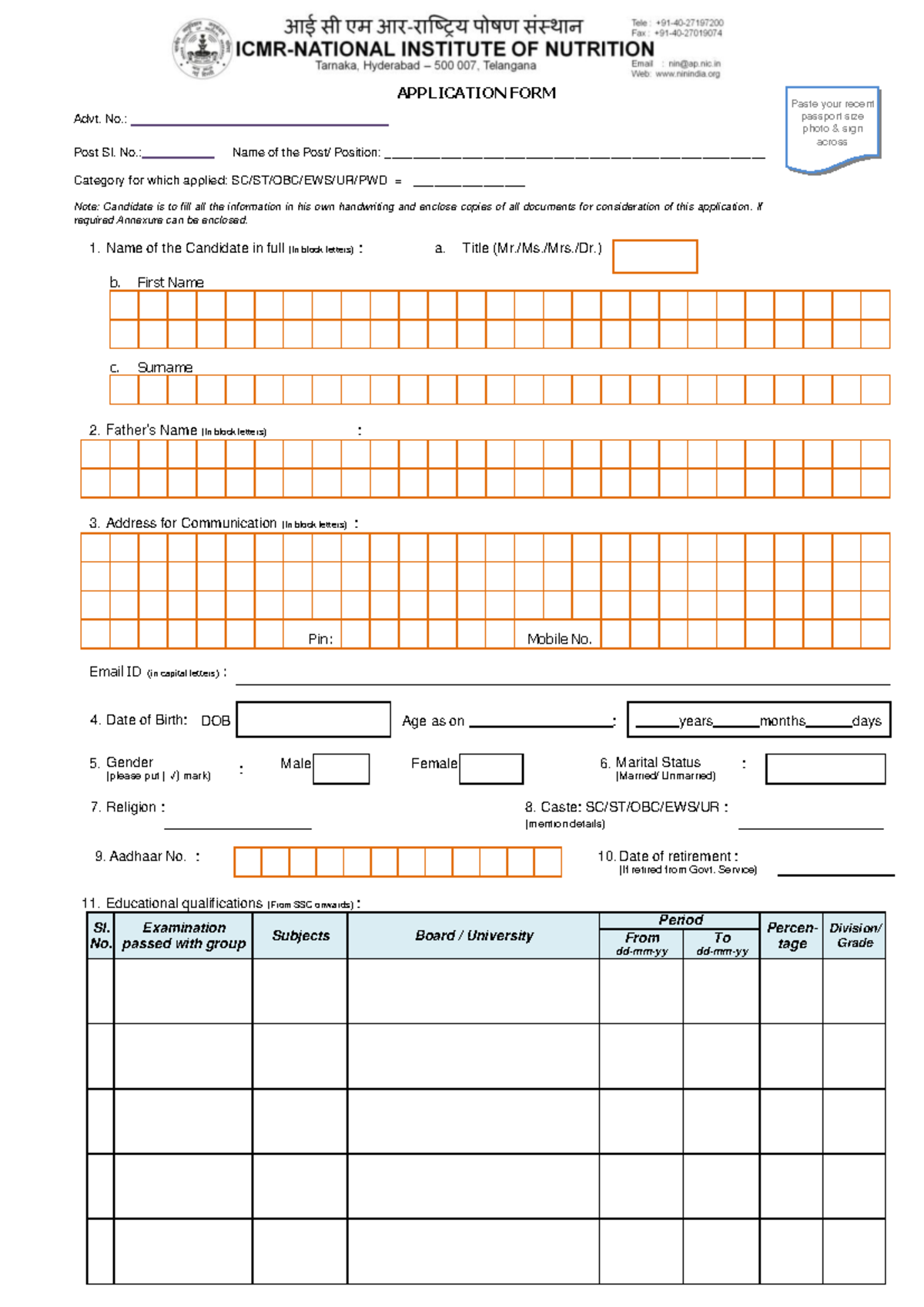 Application Form (Common for All the posts) - 5. Gender (please put (√ ...