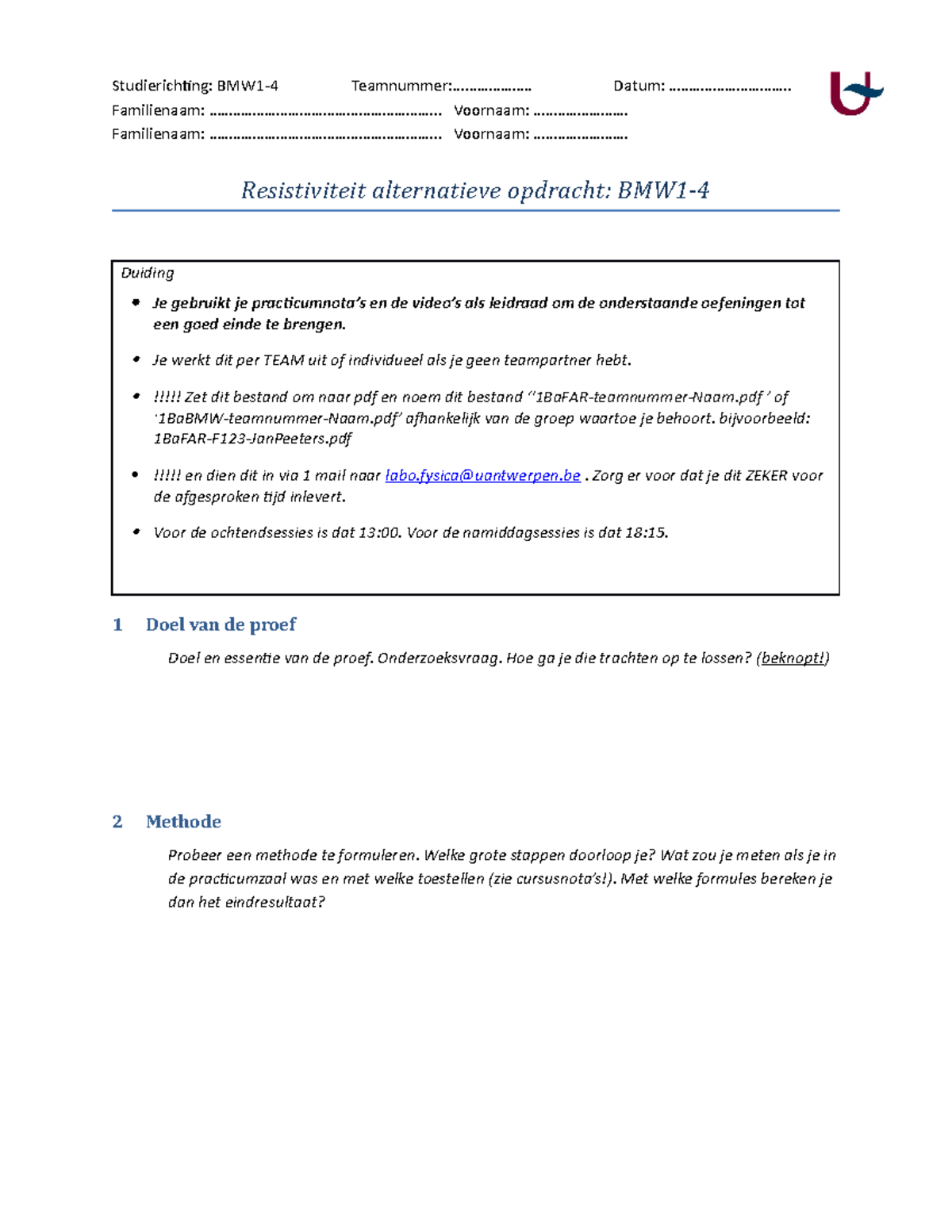 Template Resistiviteit Invulblad BMW1-4 - Familienaam: - Studocu