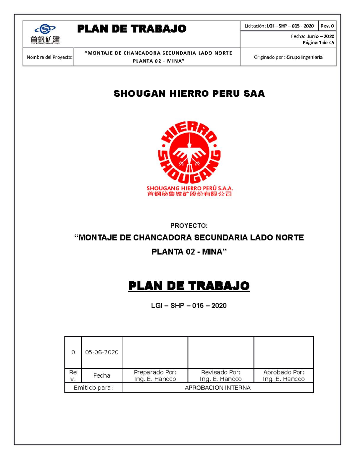 1.- Plan De Trabajo Chancadoea Mina - Página 1 De 45 Nombre Del ...