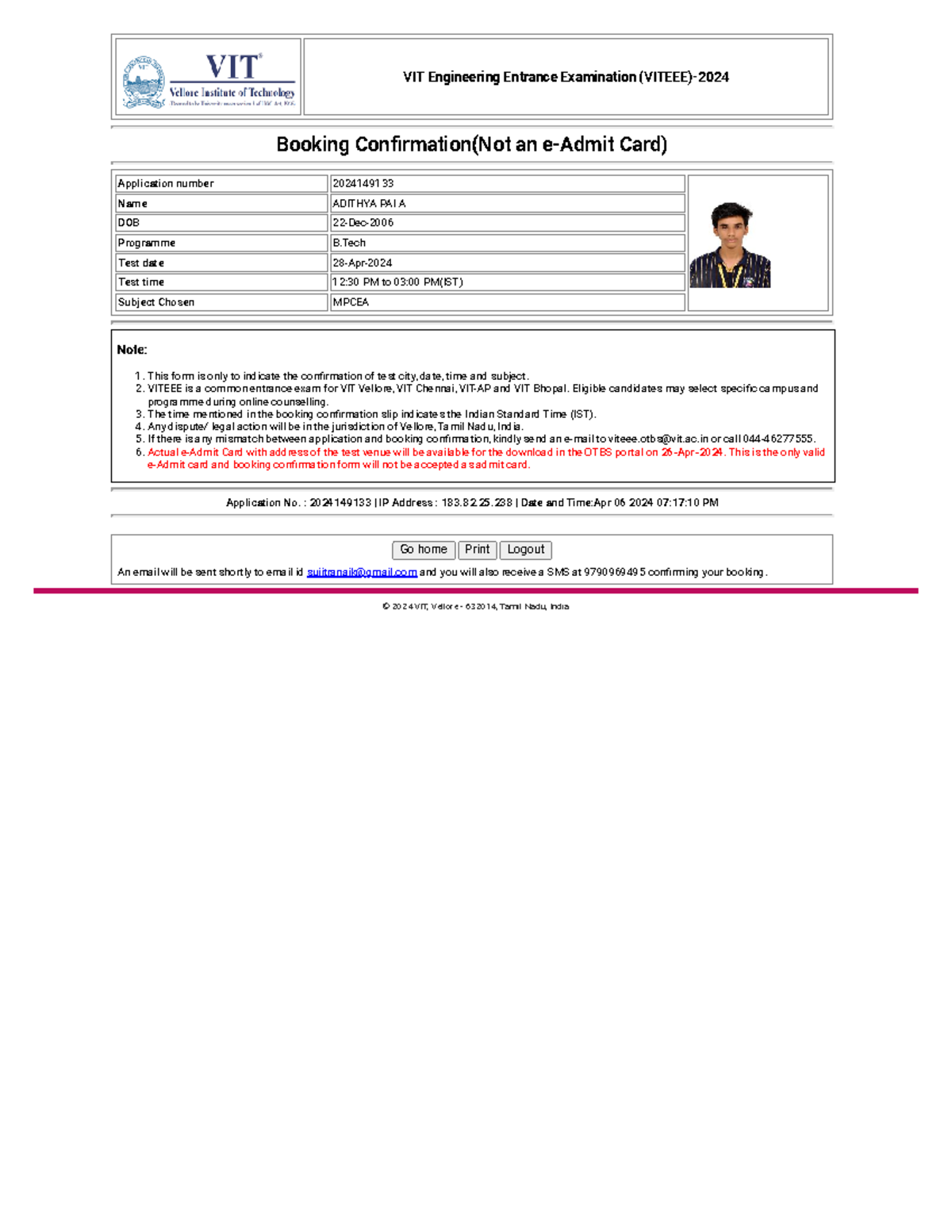 Online Test Booking System VIT Engineering Entrance Examination