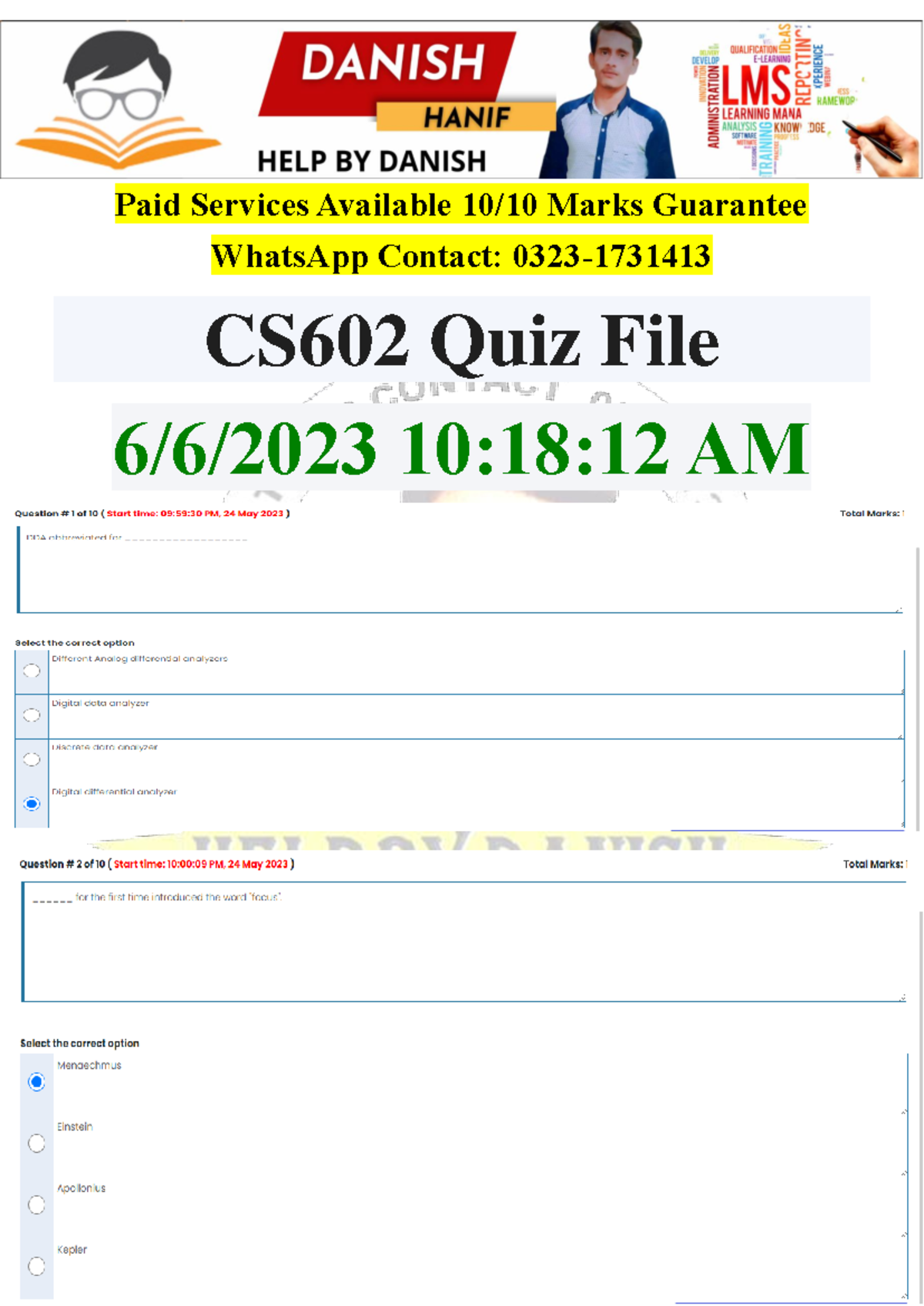 CS602 Quizes File BY Danish Hanif - Computer Sciences - Paid Services ...