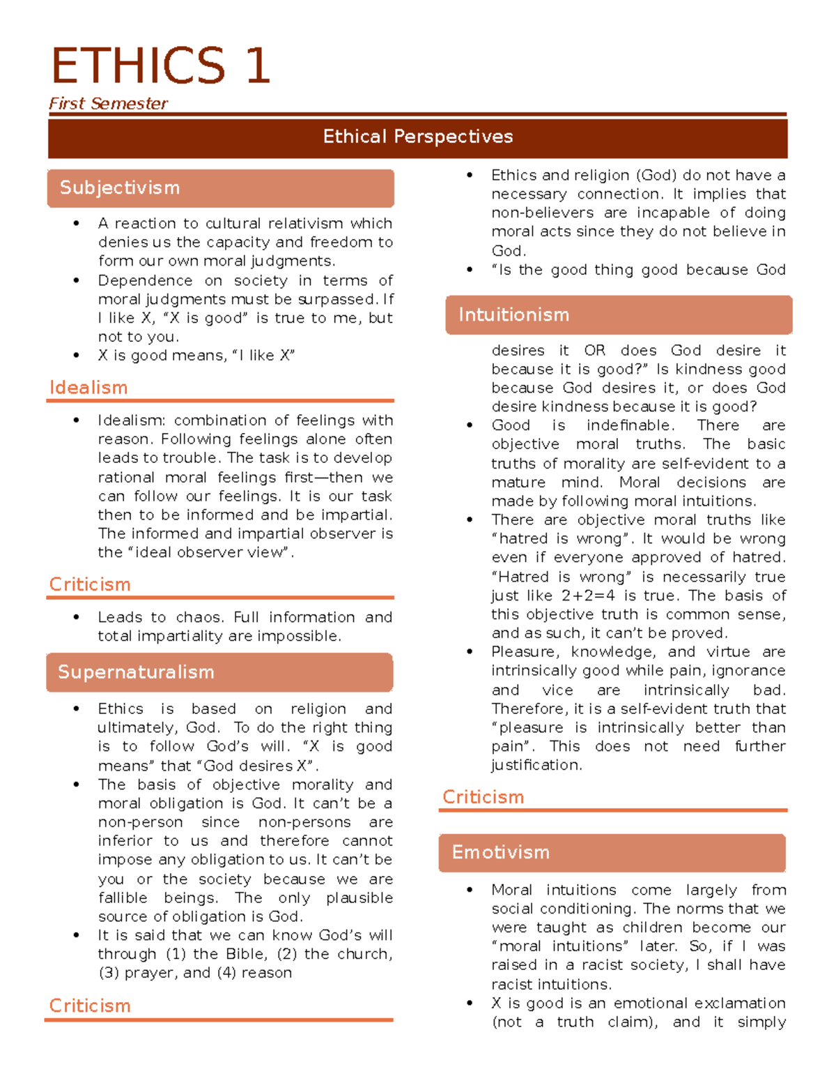 Ethical Pespectives - ETHICS 1 First Semester A reaction to cultural ...
