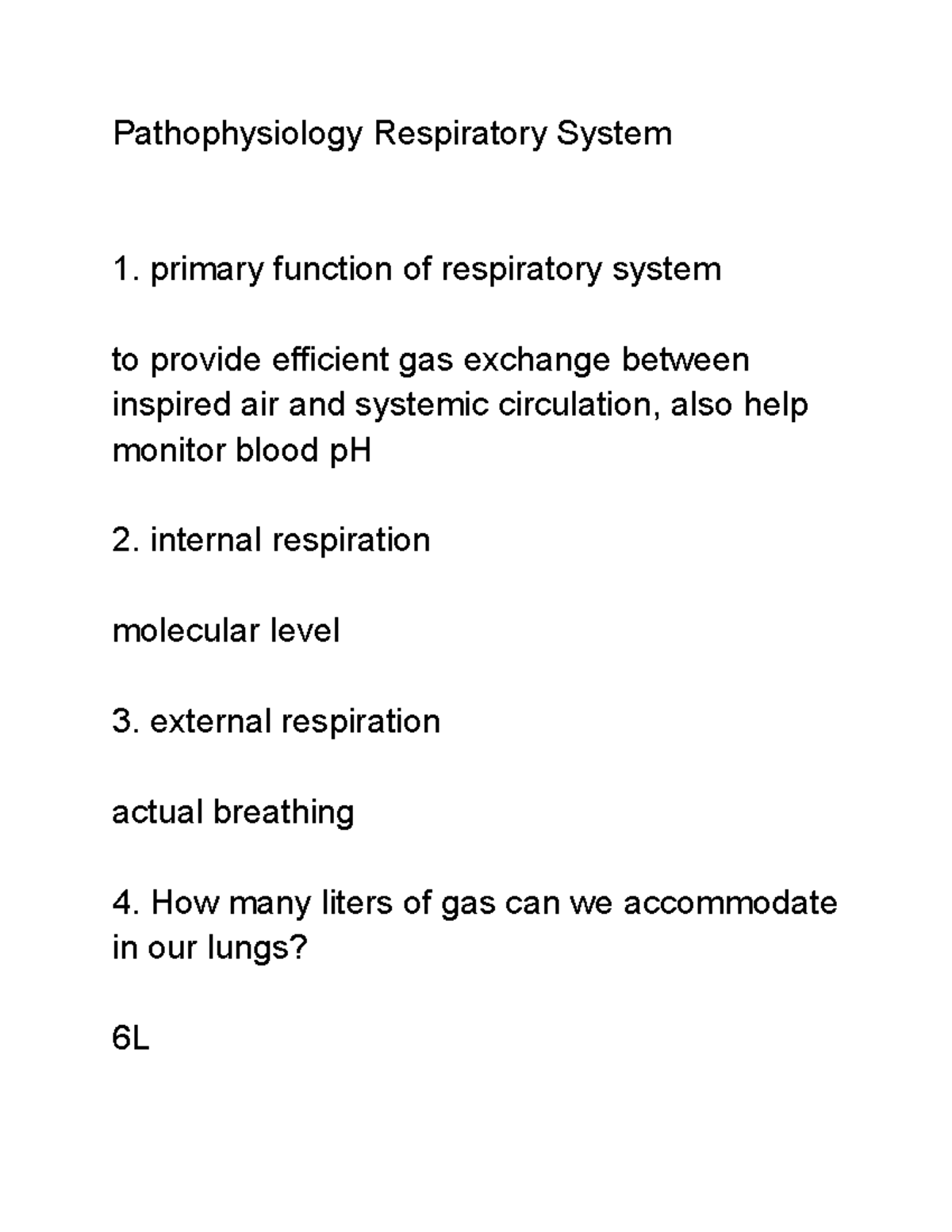 Pathophysiology Respiratory System notes Pathophysiology Respiratory System primary function