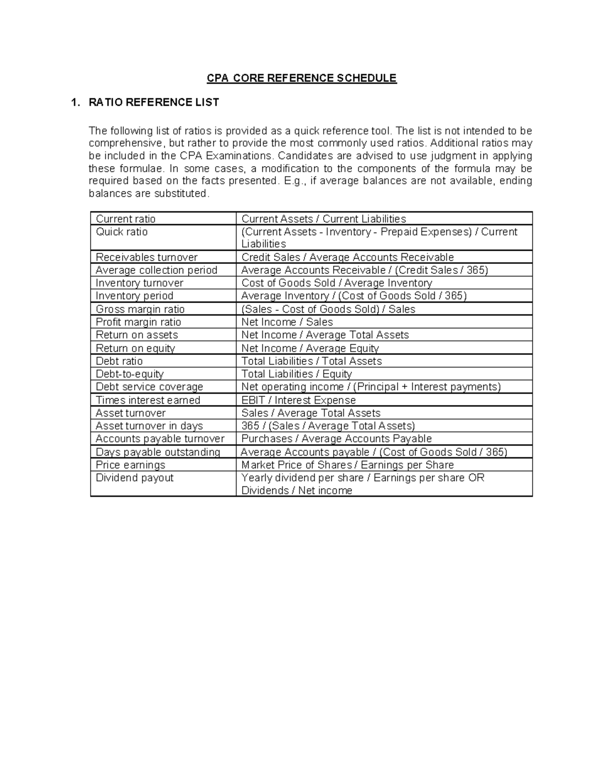 CPA Core Reference Schedule CPA CORE REFERENCE SCHEDULE 1. RATIO