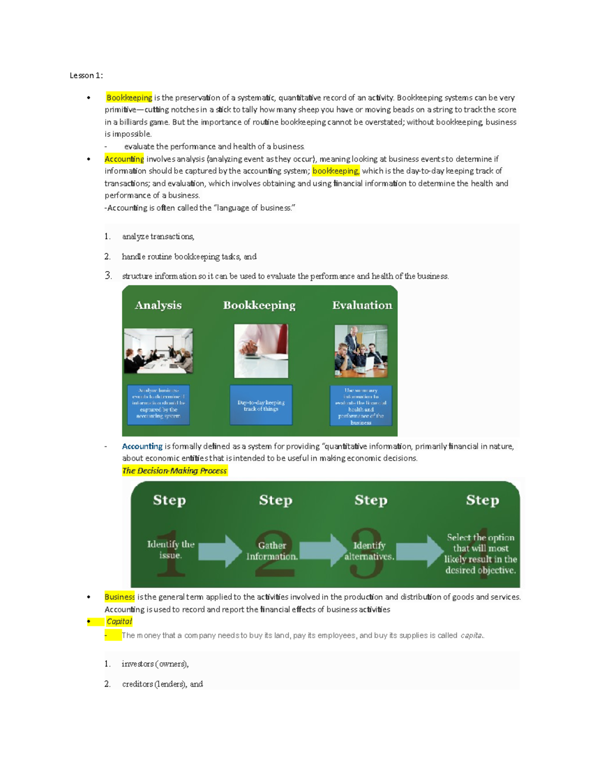Lesson 1 - notes from lectures - Lesson 1: Bookkeeping is the ...