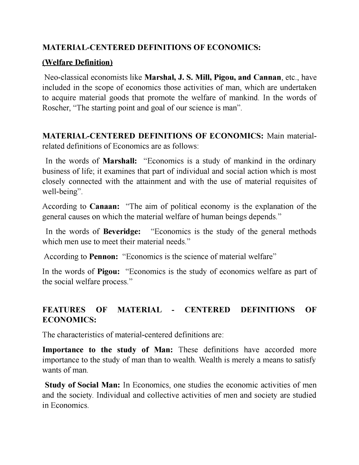 Sub 2 Welfare Definition MATERIAL CENTERED DEFINITIONS OF ECONOMICS 