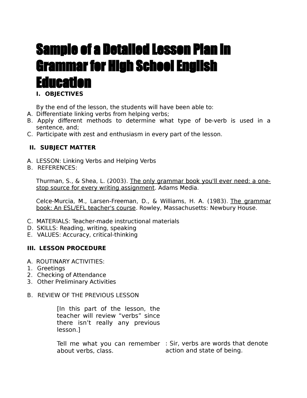 Sample Of A Detailed Lesson Plan In Grammar For High School English 