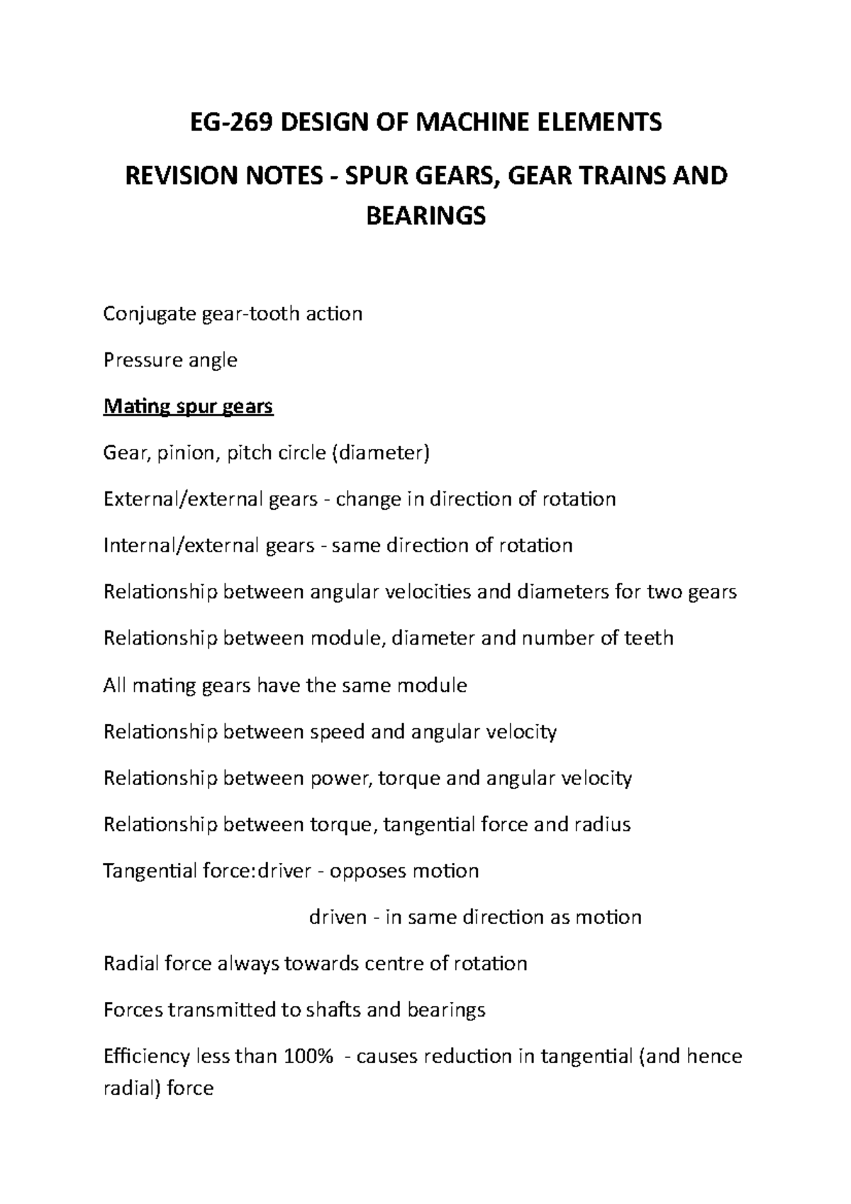 Revision notes gears - EG-269 DESIGN OF MACHINE ELEMENTS REVISION NOTES ...