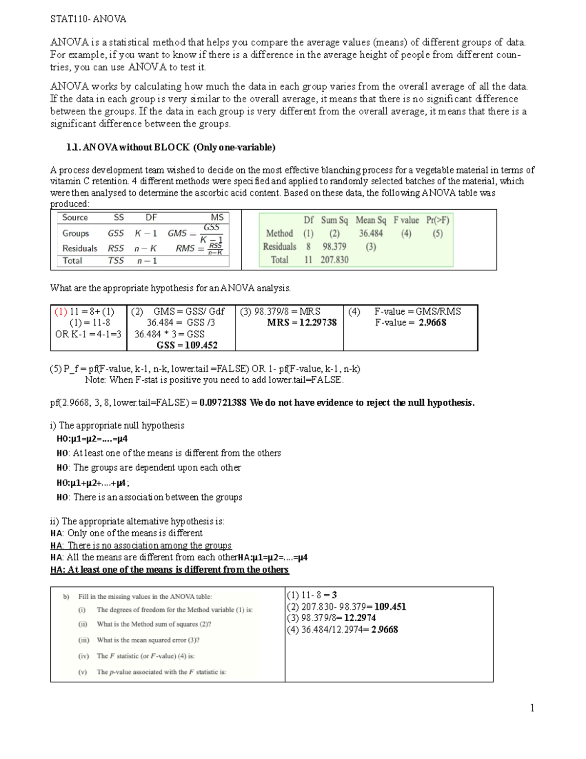 Anova-stats - Summary - Anova Tables - 1 STAT110- ANOVA ANOVA Is A ...