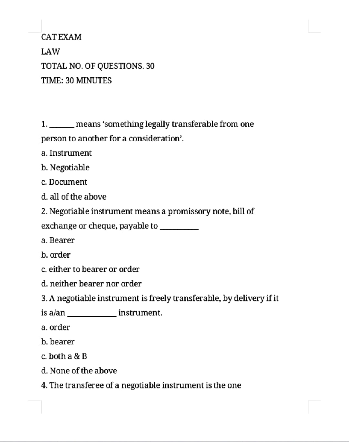 LOW Questions CAT EXAM LAW TOTAL NO. OF QUESTIONS. 30 TIME