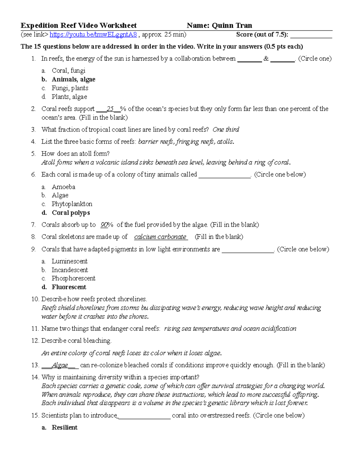 Expedition Reef Worksheet 3 - Expedition Reef Video Worksheet Name ...