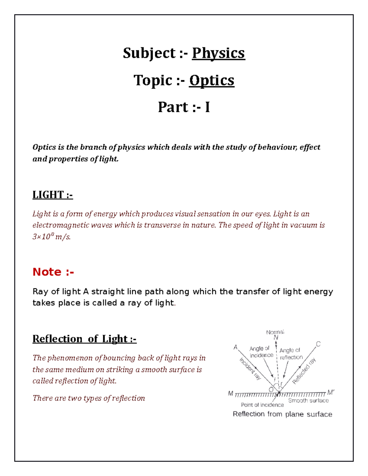 Optics Part1-class Notes - Subject :- Physics Topic :- Optics Part :- I ...