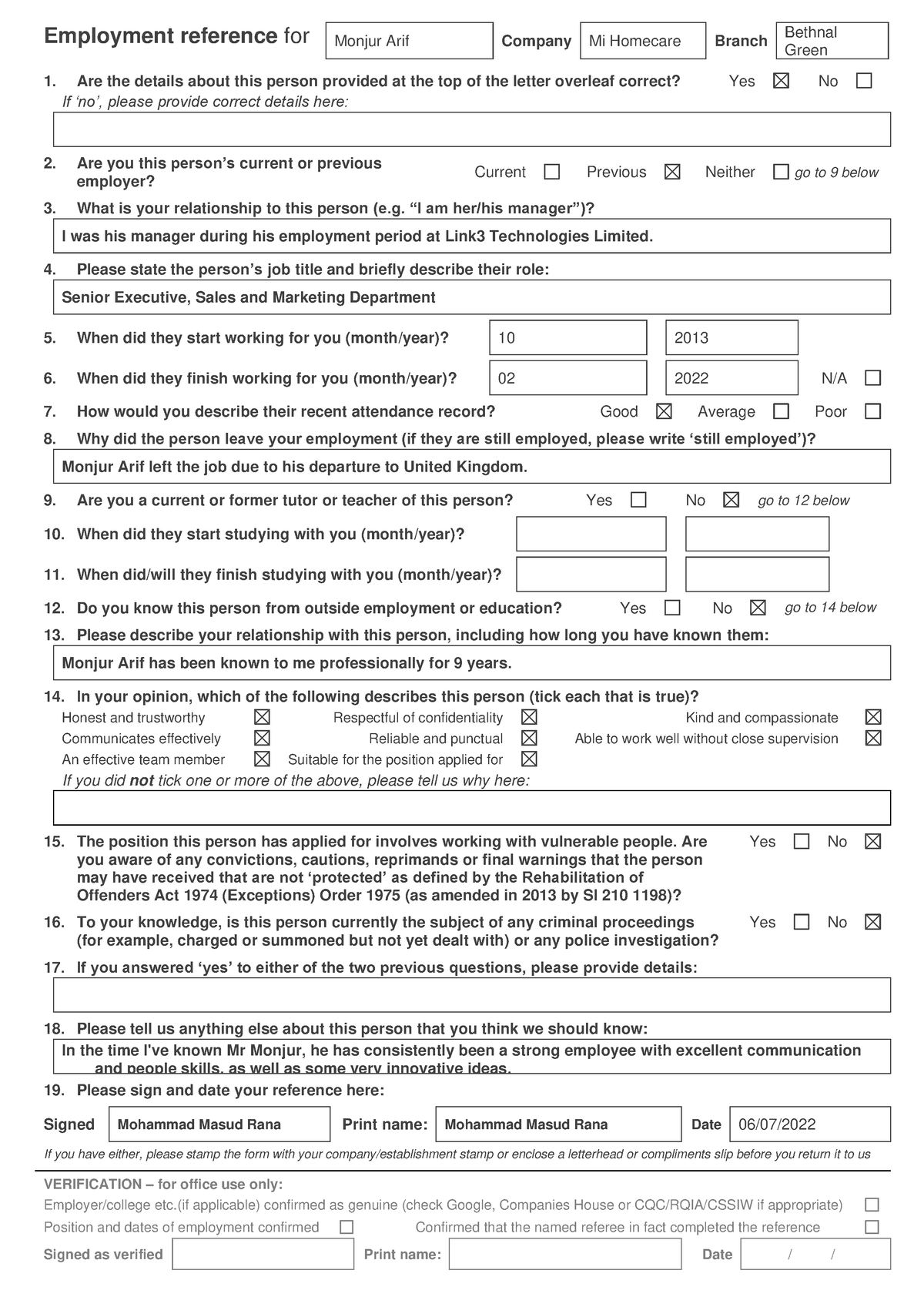 Reference Questionnaire - Employment reference for Monjur Arif Company ...