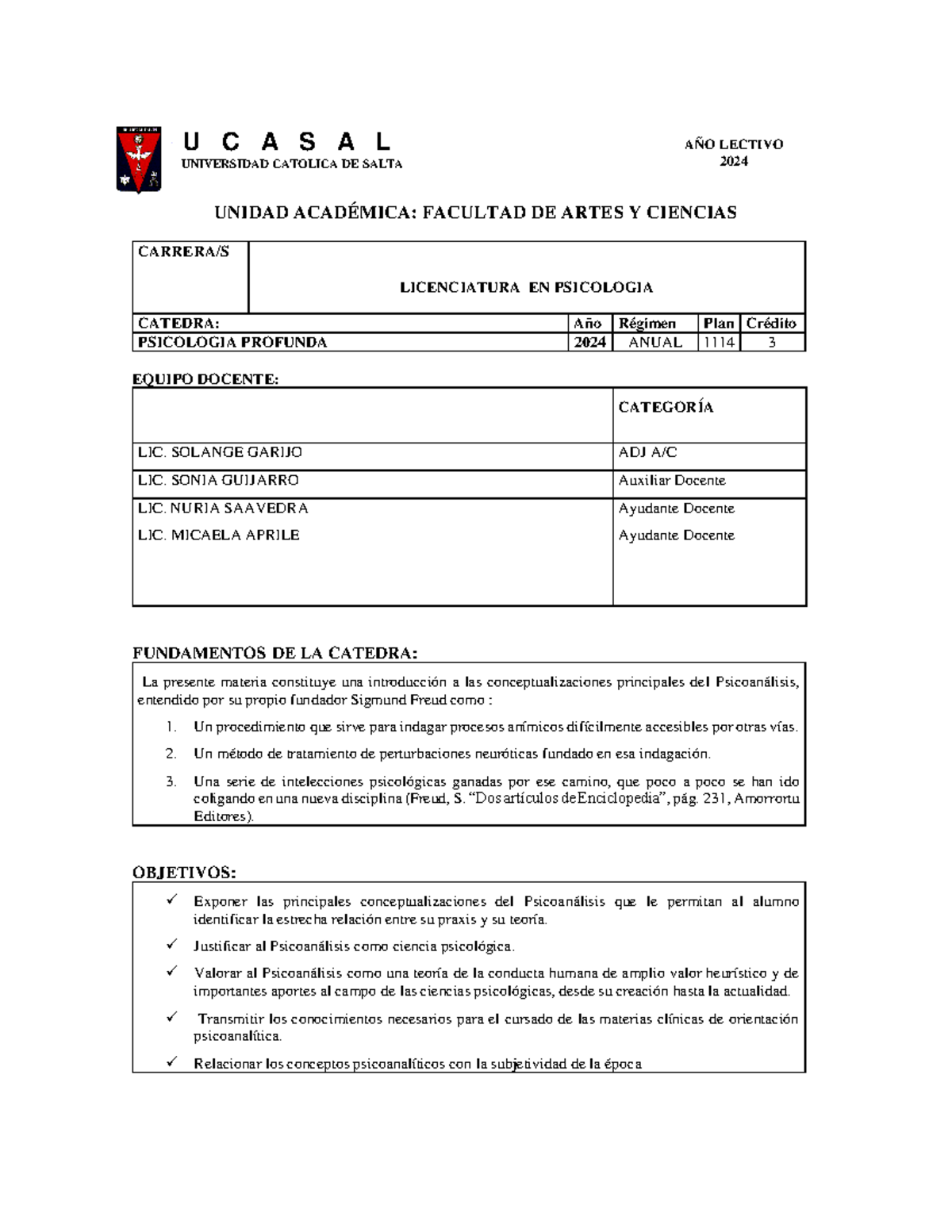 2024 Programa PS. Profunda 2024 UNIDAD ACADÉMICA FACULTAD DE ARTES Y CIENCIAS CARRERA/S