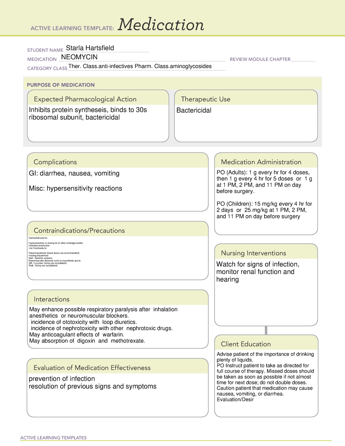 Neomycin - ACTIVE LEARNING TEMPLATES Medication STUDENT NAME