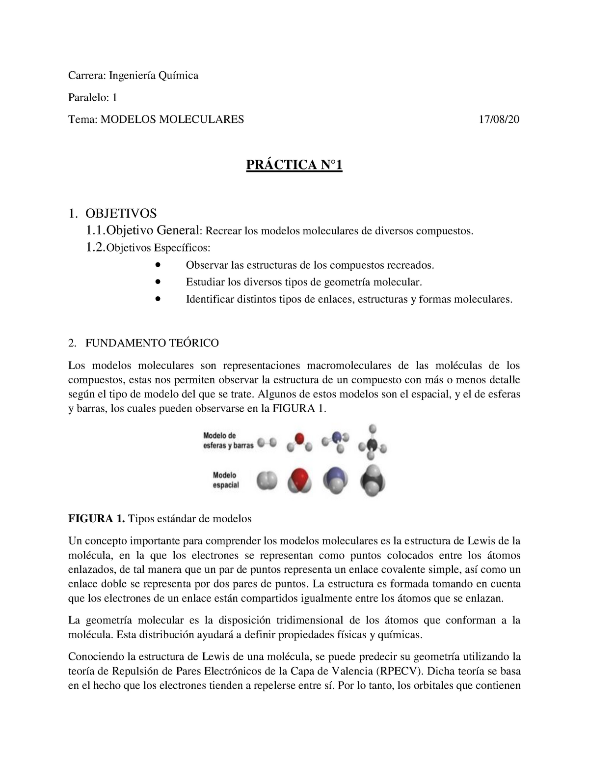 Práctica 1 QMC-II - Nota:  - Carrera: Ingeniería Química Paralelo: 1  Tema: MODELOS MOLECULARES - Studocu