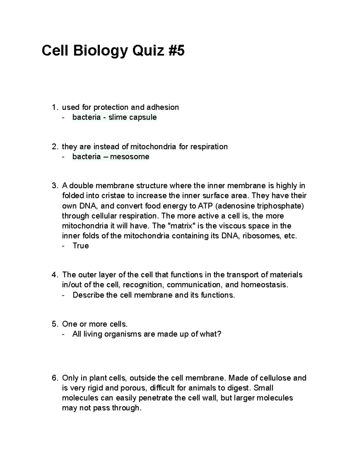 Cell Biology Quiz #5 - Cell Biology Quiz Used For Protection And 