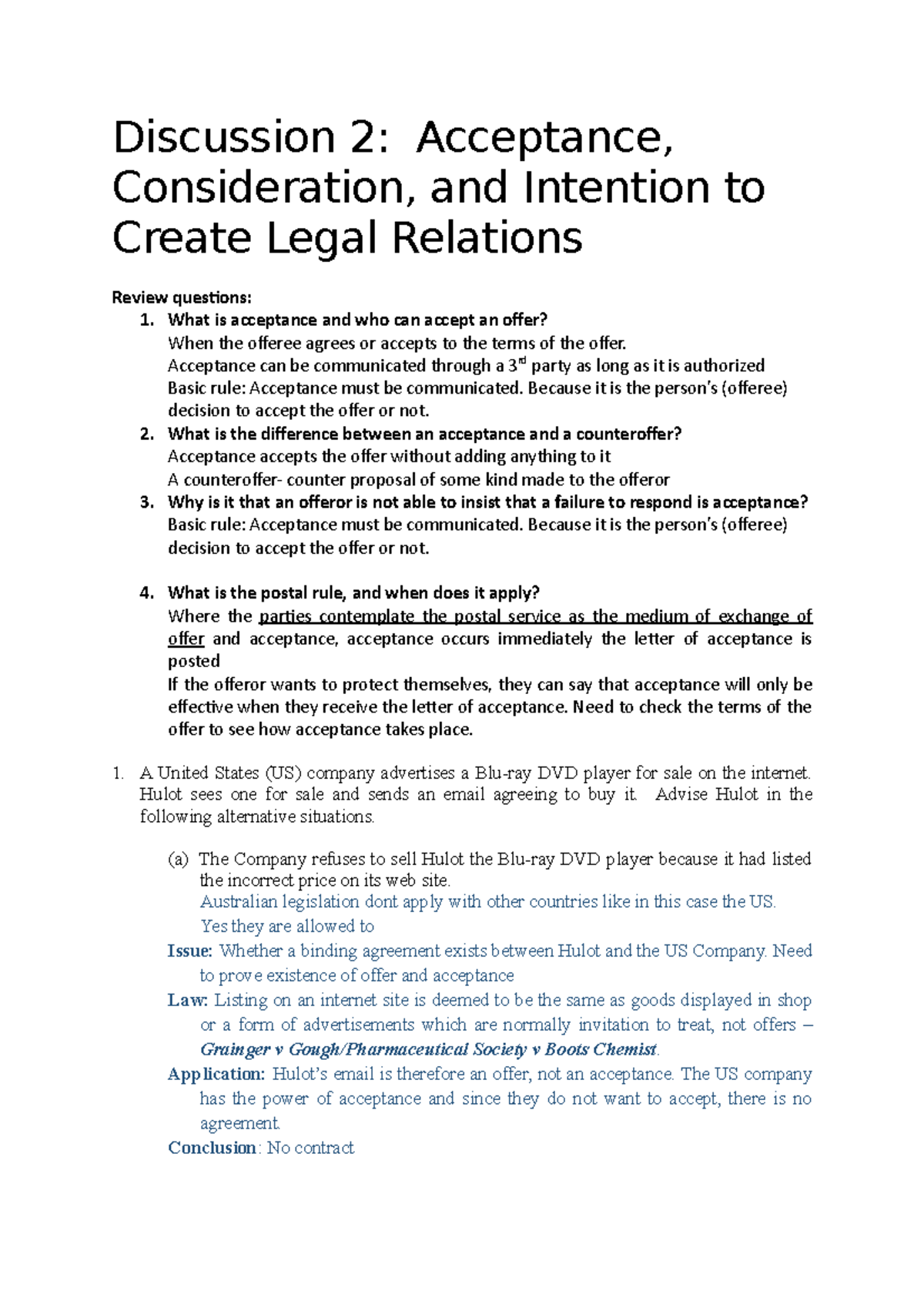 Discussion 2 Acceptance - Discussion 2: Acceptance, Consideration, and ...