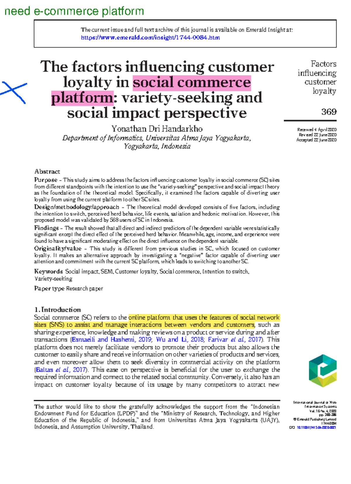 SSSai The factors influencing customer loyalty in social commerce ...