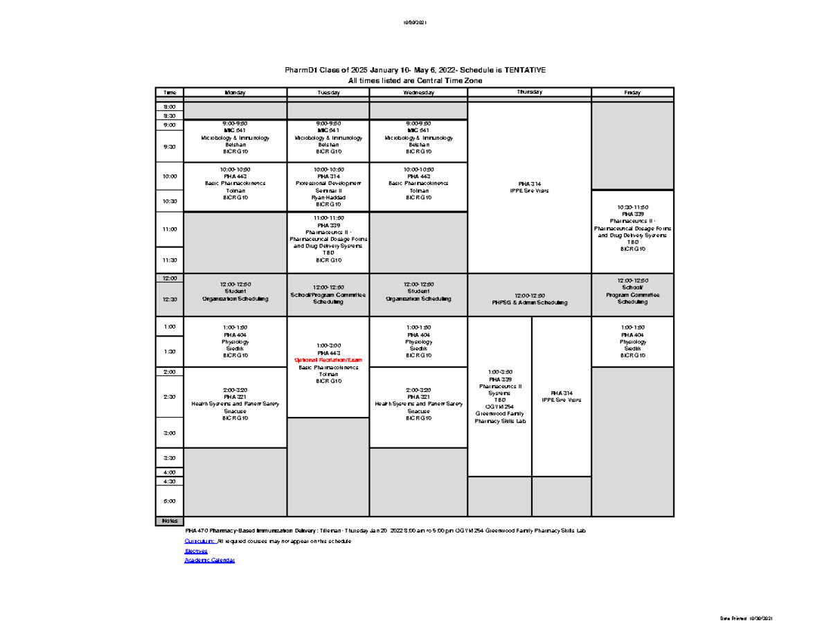 Pharm D 1 Campus Class of 2025 10/30/ Time Monday Tuesday Wednesday