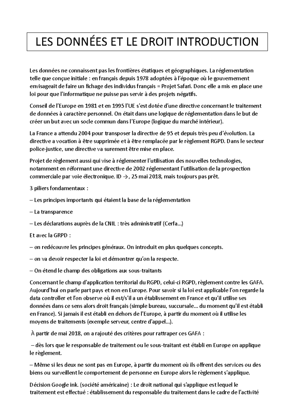 Cours final RGPD - LES DONNÉES ET LE DROIT INTRODUCTION Les données ne ...