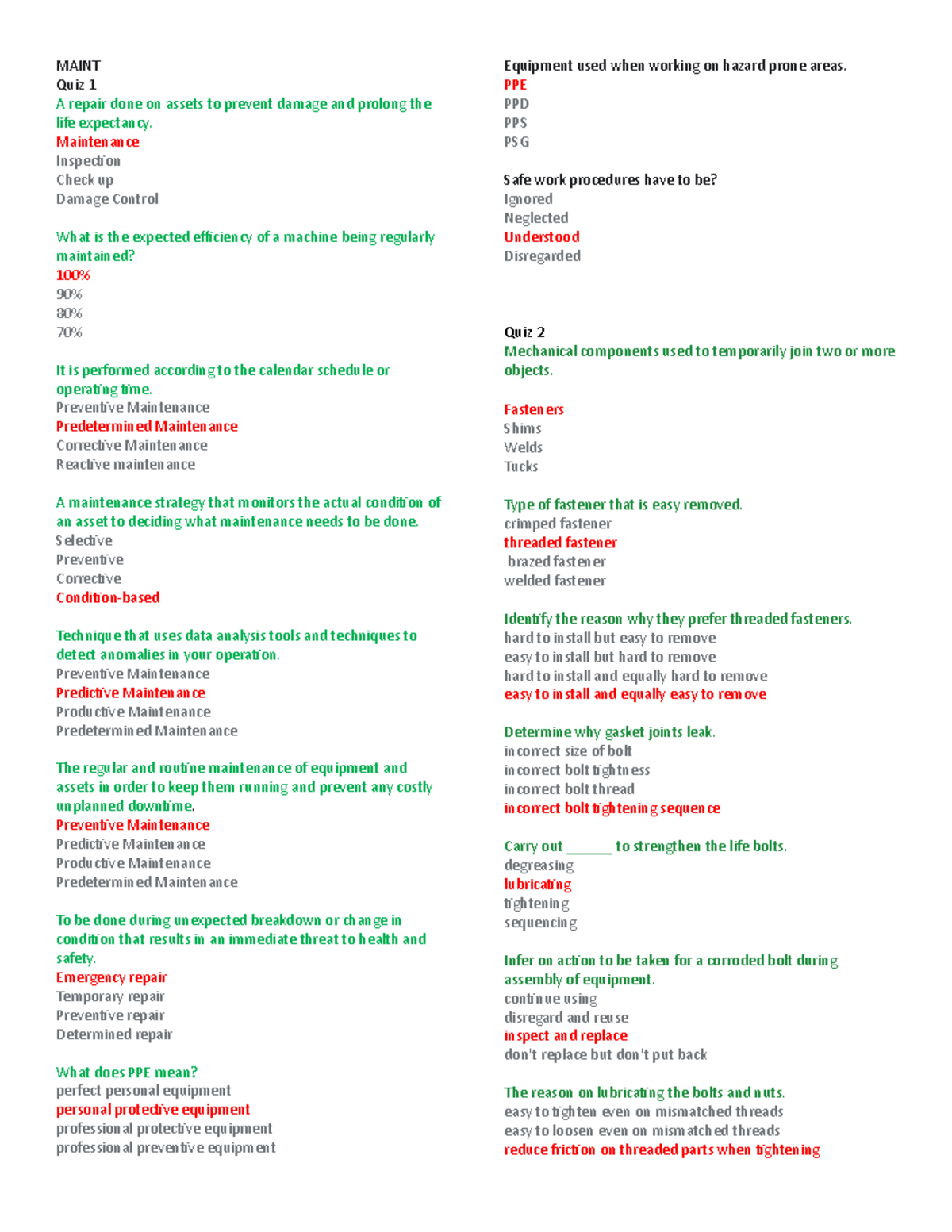 Prelim Quiz1,2,3 - Mainntenance and repair - MAINT Quiz 1 A repair done ...