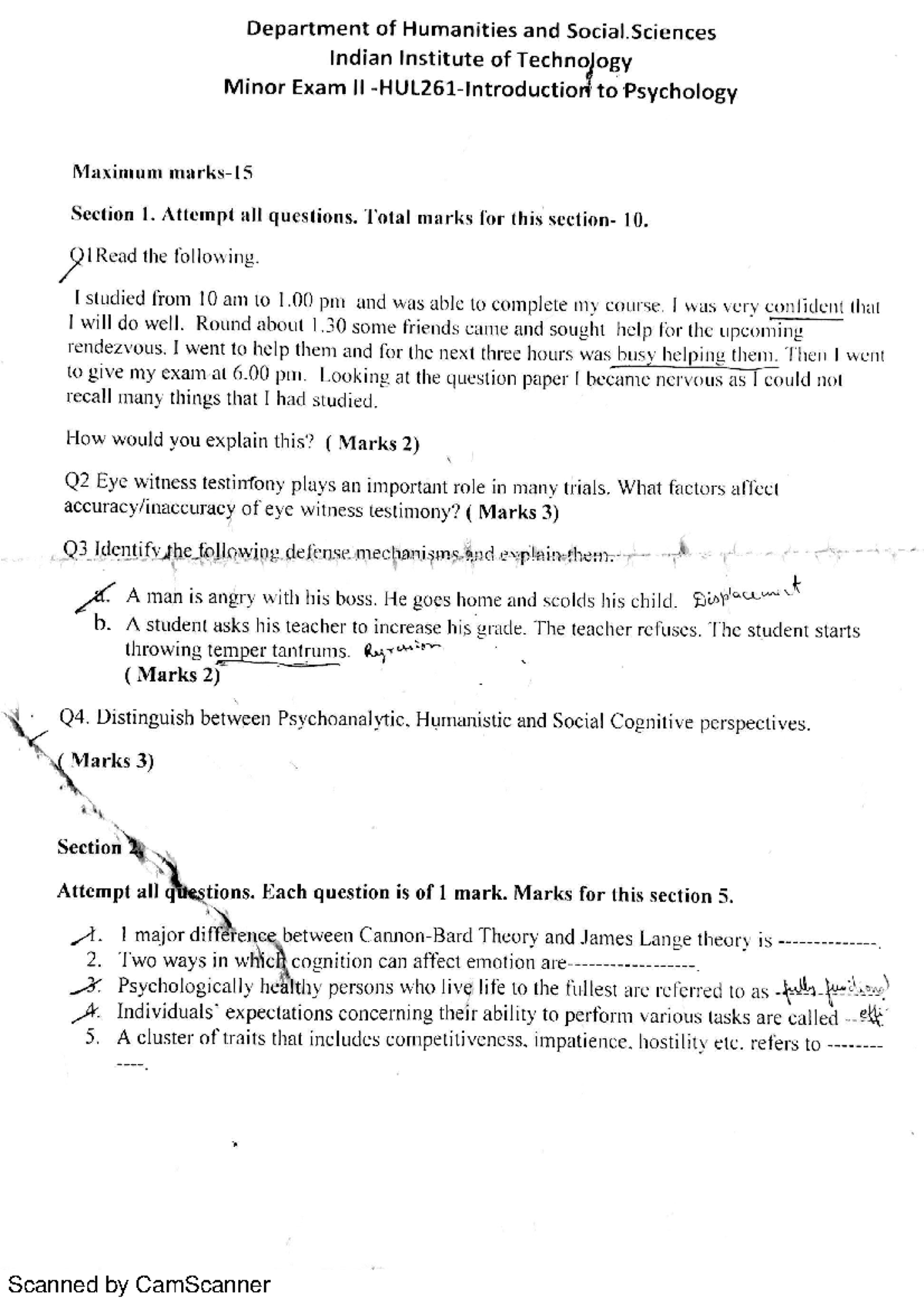 [Fall 15]-Minor 2 - Minor Question Paper - Introduction to Psychology ...
