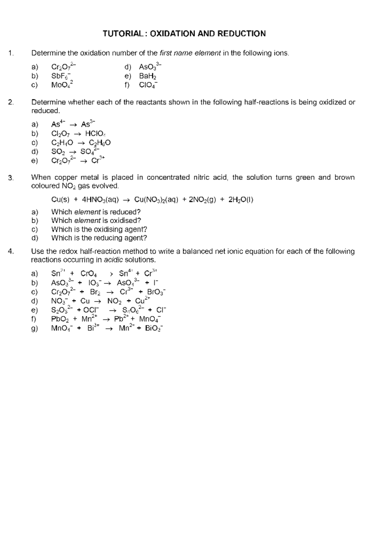 Tutorial : OXIDATION AND REDUCTION - Chemistry - Studocu